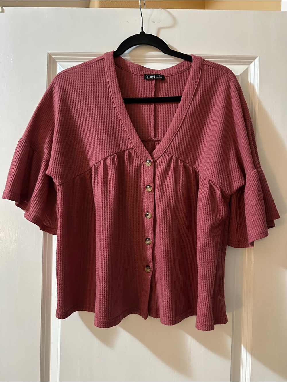 Very J Rose Pink Waffle Button-Front V-Neck Top